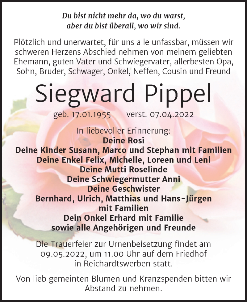  Traueranzeige für Siegward Pippel vom 23.04.2022 aus Trauerkombi Weißenfels