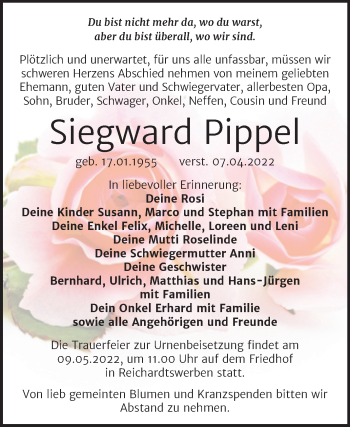 Traueranzeige von Siegward Pippel von Trauerkombi Weißenfels