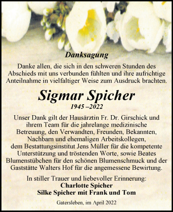 Traueranzeige von Sigmar Spicher von Trauerkombi Aschersleben