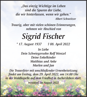 Traueranzeige von Sigrid Fischer von Trauerkombi Aschersleben