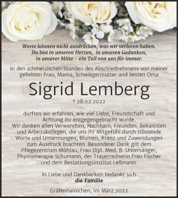 Traueranzeige von Sigrid Lemberg von Trauerkombi Wittenberg