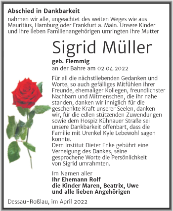 Traueranzeige von Sigrid Müller von Trauerkombi Dessau