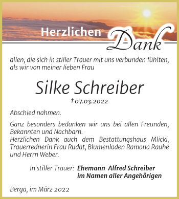 Traueranzeige von Silke Schreiber von Trauerkombi Sangerhausen