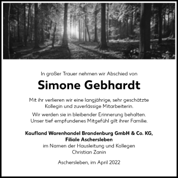Traueranzeige von Simone Gebhardt von Super Sonntag Aschersleben