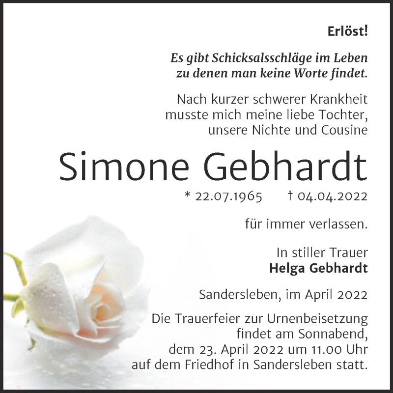  Traueranzeige für Simone Gebhardt vom 20.04.2022 aus Trauerkombi Mansfelder Land