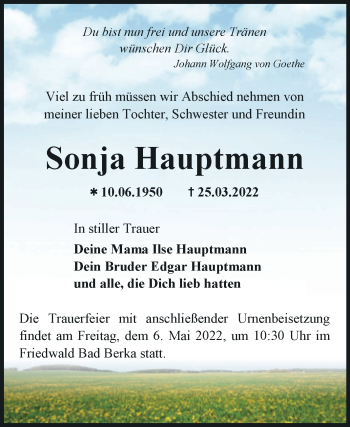 Traueranzeige von Sonja Hauptmann von Mitteldeutsche Zeitung Halle/Saalkreis