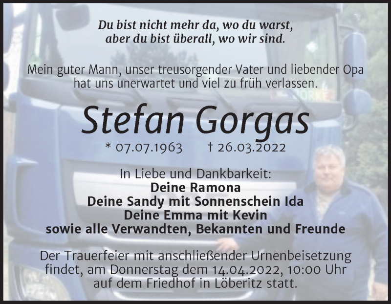  Traueranzeige für Stefan Gorgas vom 02.04.2022 aus Trauerkombi Bitterfeld