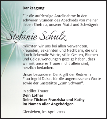 Traueranzeige von Stefanie Schulz von Trauerkombi Aschersleben