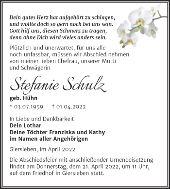 Traueranzeige von Stefanie Schulz von Trauerkombi Aschersleben