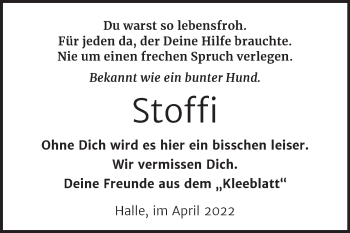 Traueranzeige von Stoffi  von Mitteldeutsche Zeitung Halle/Saalkreis