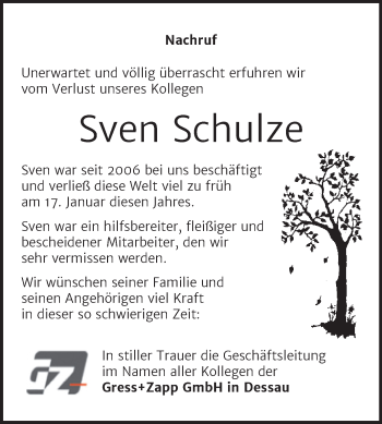 Traueranzeige von Sven Schulze von Mitteldeutsche Zeitung