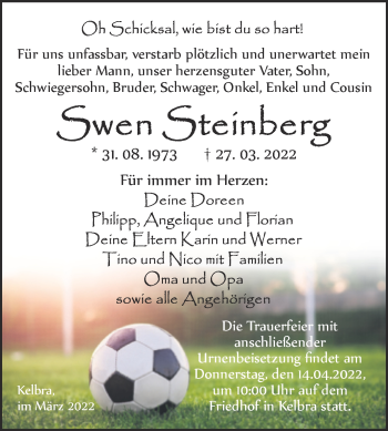 Traueranzeige von Swen Steinberg von Trauerkombi Sangerhausen