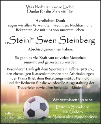 Traueranzeige von Swen Steinberg von Trauerkombi Sangerhausen