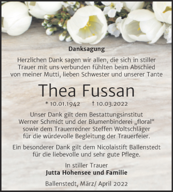 Traueranzeige von Thea Fussan von Trauerkombi Quedlinburg