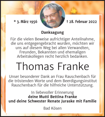 Traueranzeige von Thomas Franke von Wochenspiegel Naumburg/Nebra