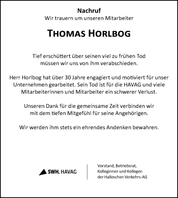 Traueranzeige von Thomas Horlbog von Mitteldeutsche Zeitung Halle/Saalkreis