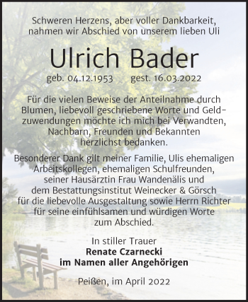 Traueranzeige von Ulrich Bader von Trauerkombi Bernburg