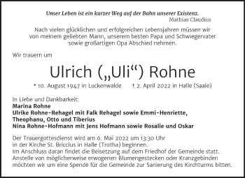 Traueranzeige von Ulrich Rohne von Mitteldeutsche Zeitung Halle/Saalkreis