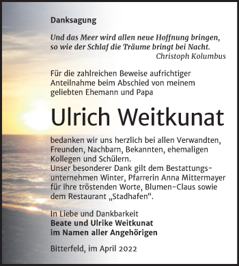Traueranzeige von Ulrich Weitkunat von Trauerkombi Bitterfeld