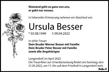 Traueranzeige von Ursula Besser von Trauerkombi Weißenfels