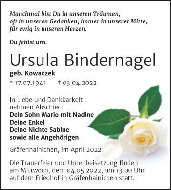 Traueranzeige von Ursula Bindernagel von Trauerkombi Wittenberg