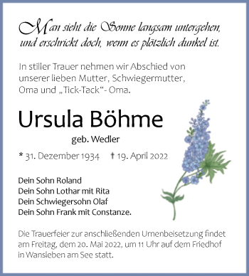 Traueranzeige von Ursula Böhme von Mitteldeutsche Zeitung Mansfelder Land