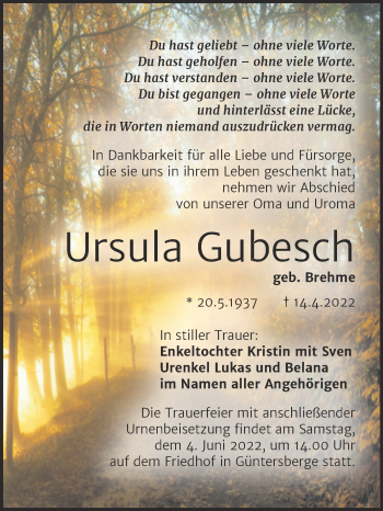 Traueranzeige von Ursula Gubesch von Trauerkombi Quedlinburg