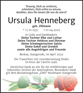 Traueranzeige von Ursula Henneberg von Trauerkombi Mansfelder Land