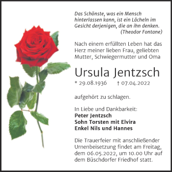 Traueranzeige von Ursula Jentzsch von Mitteldeutsche Zeitung Halle/Saalkreis