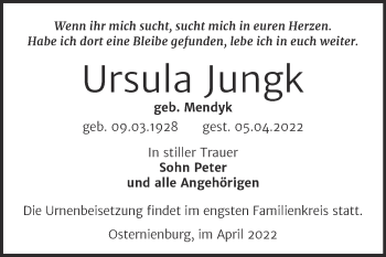 Traueranzeige von Ursula Jungk von Mitteldeutsche Zeitung Köthen