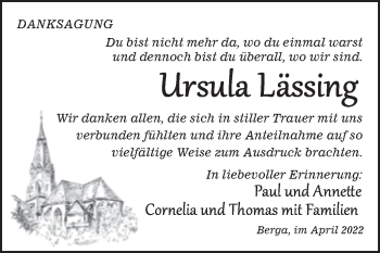 Traueranzeige von Ursula Lässing von Trauerkombi Sangerhausen