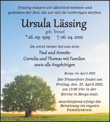 Traueranzeige von Ursula Lässing von Trauerkombi Sangerhausen