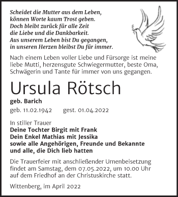 Traueranzeige von Ursula Rötsch von Trauerkombi Wittenberg