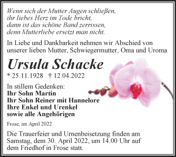 Traueranzeige von Ursula Schacke von Trauerkombi Aschersleben