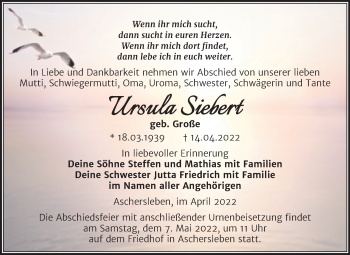 Traueranzeige von Ursula Siebert von Trauerkombi Aschersleben