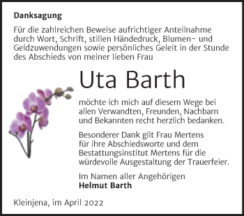Traueranzeige von Uta Barth von Wochenspiegel Naumburg/Nebra