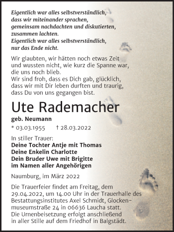Traueranzeige von Ute Rademacher von Wochenspiegel Naumburg/Nebra