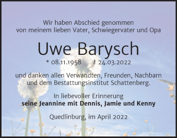 Traueranzeige von Uwe Barysch von Trauerkombi Quedlinburg