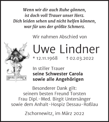 Traueranzeige von Uwe Lindner von Trauerkombi Wittenberg