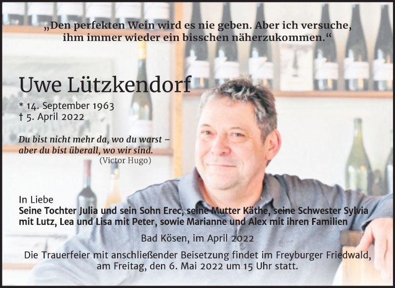  Traueranzeige für Uwe Lützkendorf vom 09.04.2022 aus Naumburger Tageblatt