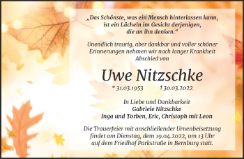 Traueranzeige von Uwe Nitzschke von Trauerkombi Bernburg