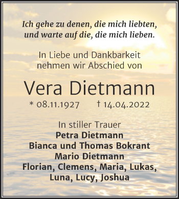 Traueranzeige von Vera Dietmann von Mitteldeutsche Zeitung Sangerhausen