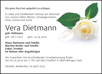 Traueranzeige von Vera Dietmann von Trauerkombi Sangerhausen