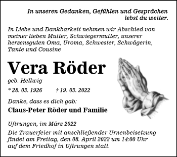 Traueranzeige von Vera Röder von Trauerkombi Sangerhausen
