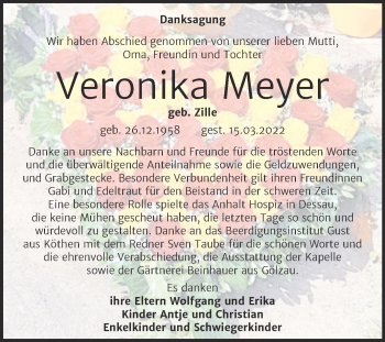 Traueranzeige von Veronika Meyer von Trauerkombi Köthen