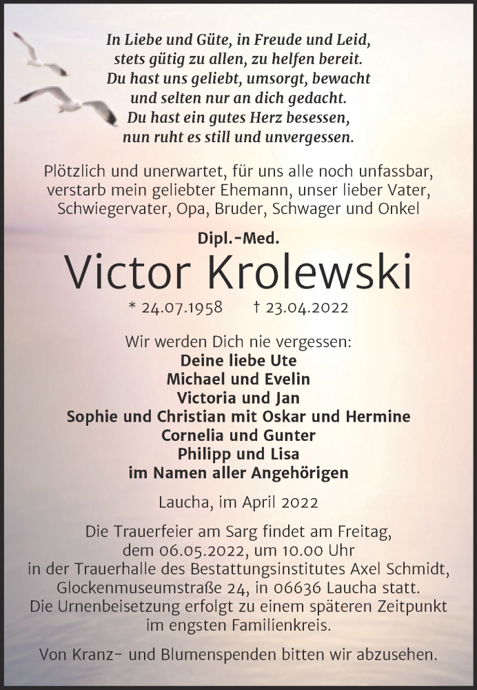  Traueranzeige für Victor Krolewski vom 30.04.2022 aus Naumburger Tageblatt