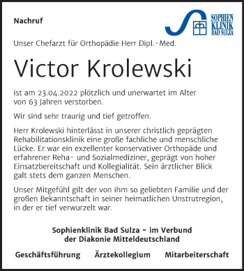 Traueranzeige von Victor Krolewski von Naumburger Tageblatt