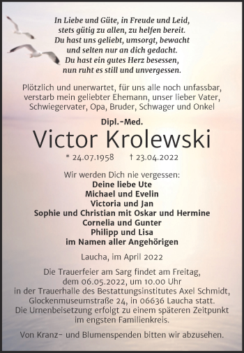 Traueranzeige von Victor Krolewski von Naumburger Tageblatt