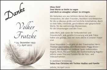 Traueranzeige von Volker Fratzke von Trauerkombi Bitterfeld