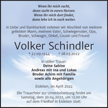Traueranzeige von Volker Schindler von Trauerkombi Mansfelder Land